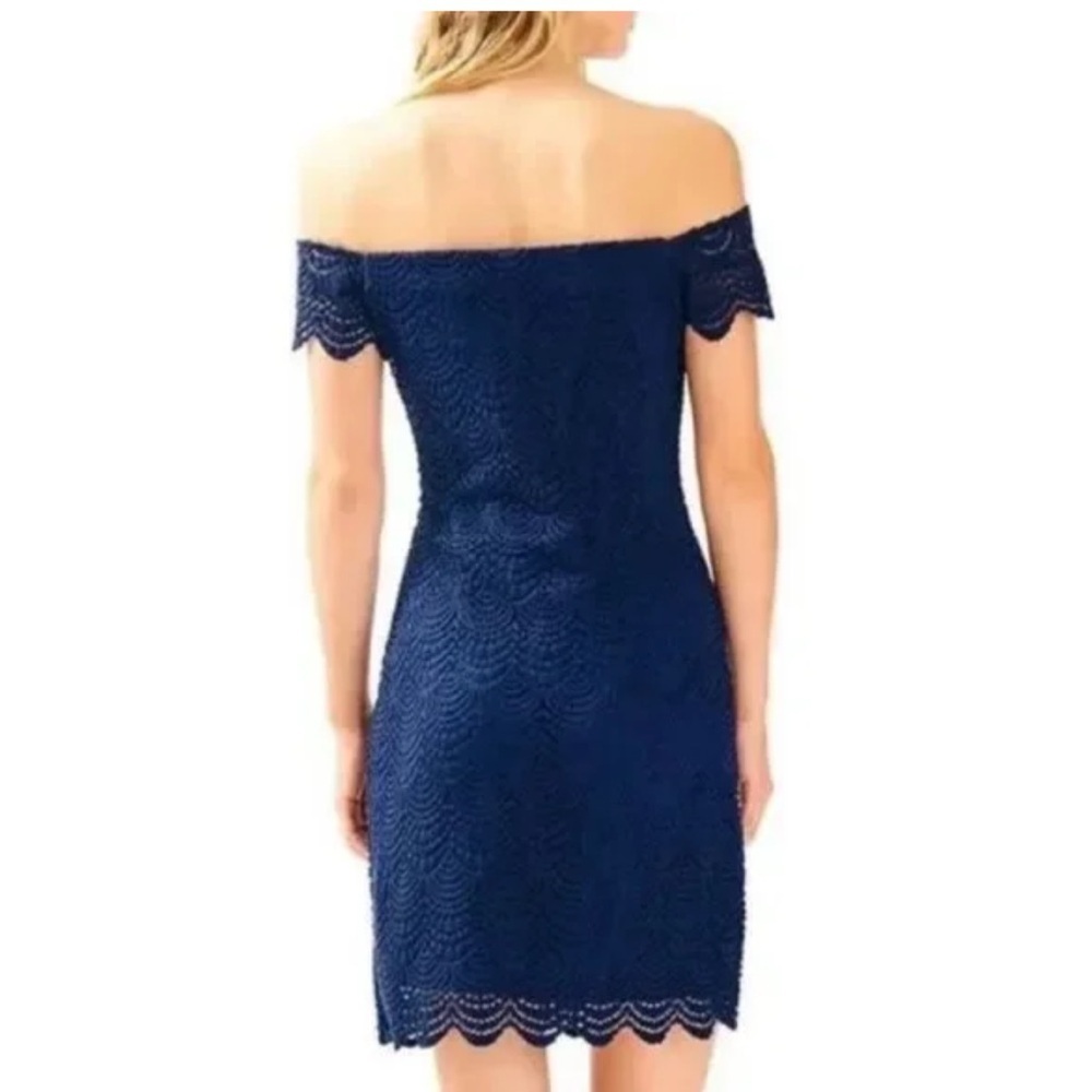 Lilly Pulitzer Jade Dress In True Navy Scalloped Shell Lace Size XS Off Shoulder - Picture 2 of 12